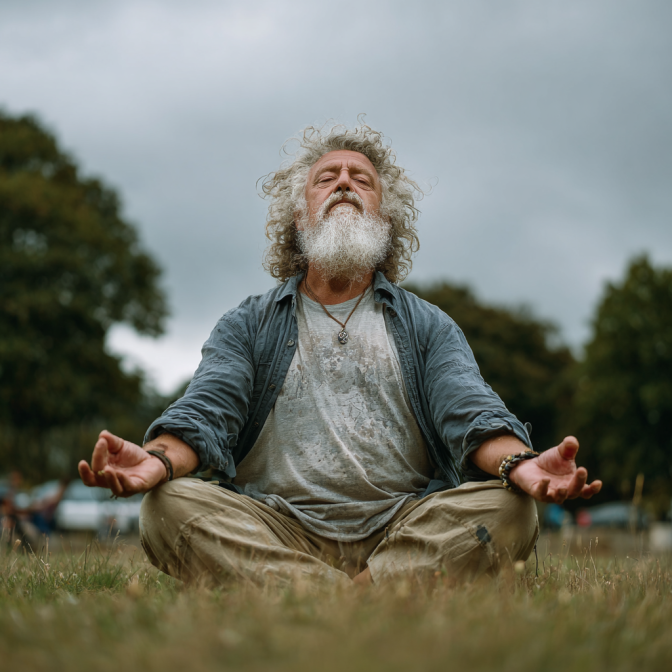 Пожилі люди займаються йогою на природі